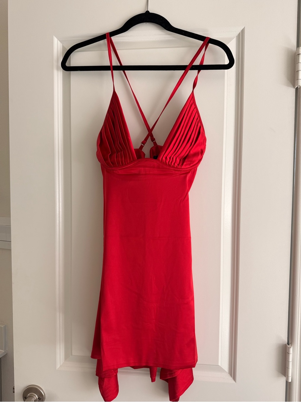 Red Pleated V-Neck Mini Dress - Womens